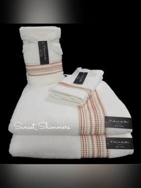 6pc TAHARI Rust Tan Ombre Dot Stripe Luxury Plush Bath Hand Tip Towel Set